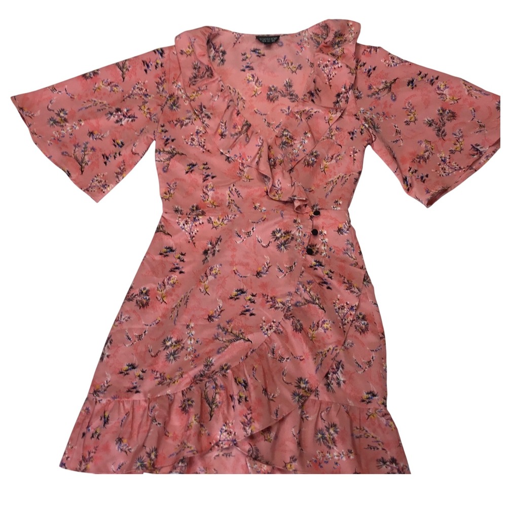 Topshop Floral Print Ruffle Mini Dress Kimono Sleeve‎ Pink US 2 UK 6